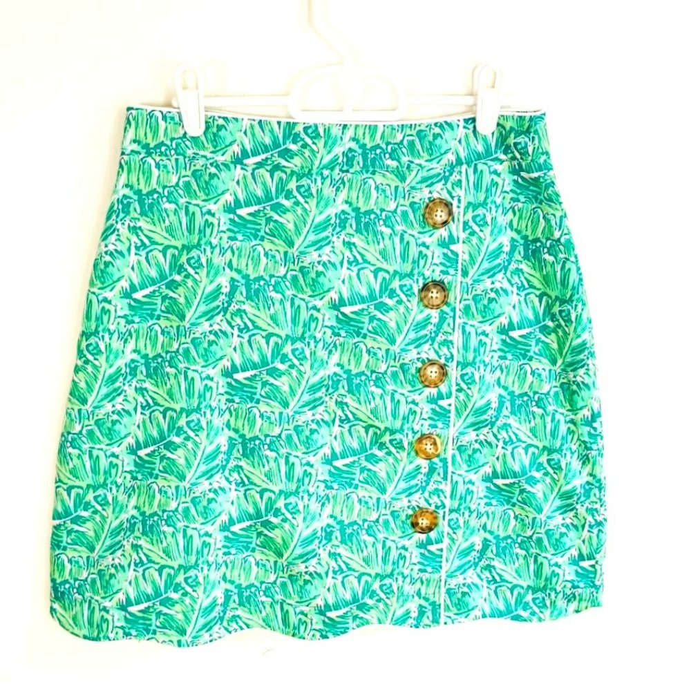 Lauren James Natalie Skirt Size M Teal Print. Side Button Scalloped Hem. Lined